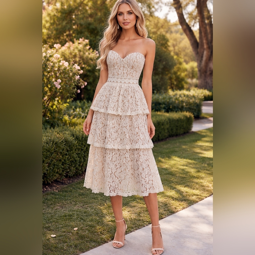 Lulu's Cream Strapless Lace Dress